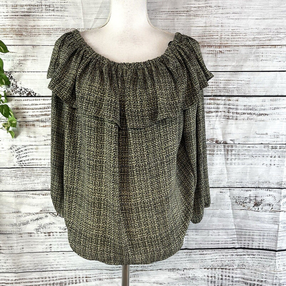 Ann Taylor Blouse Top size Small Olive Green Ruffled Prairie Boho Wedding Guest - Picture 1 of 8